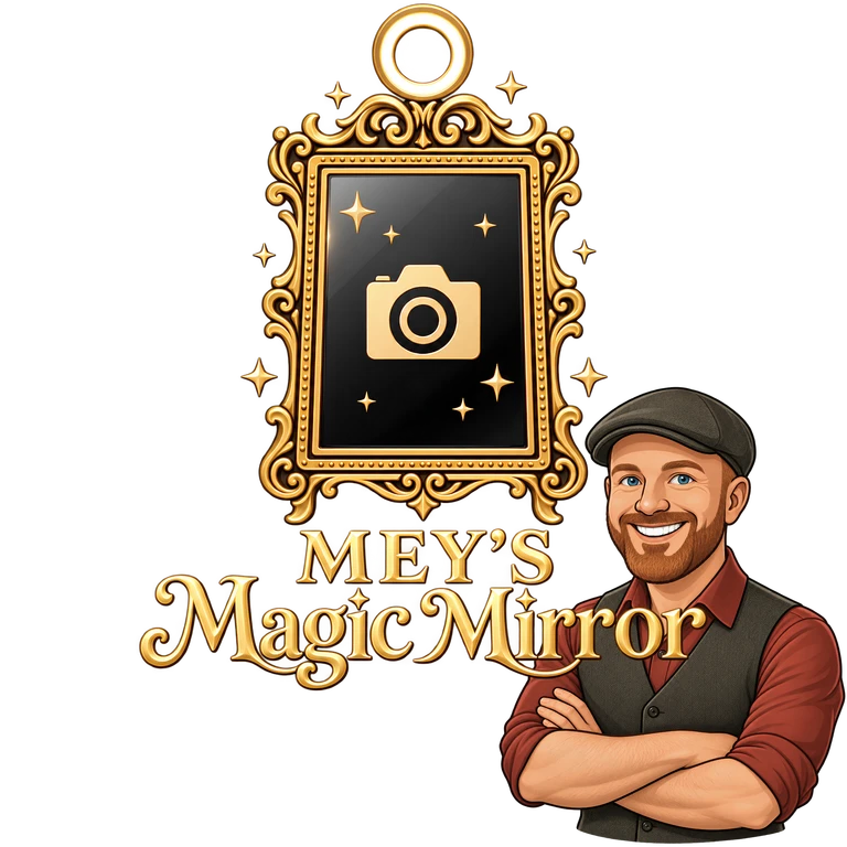 Mey’s Magic Mirror – Logo mit Miguel-Karikatur